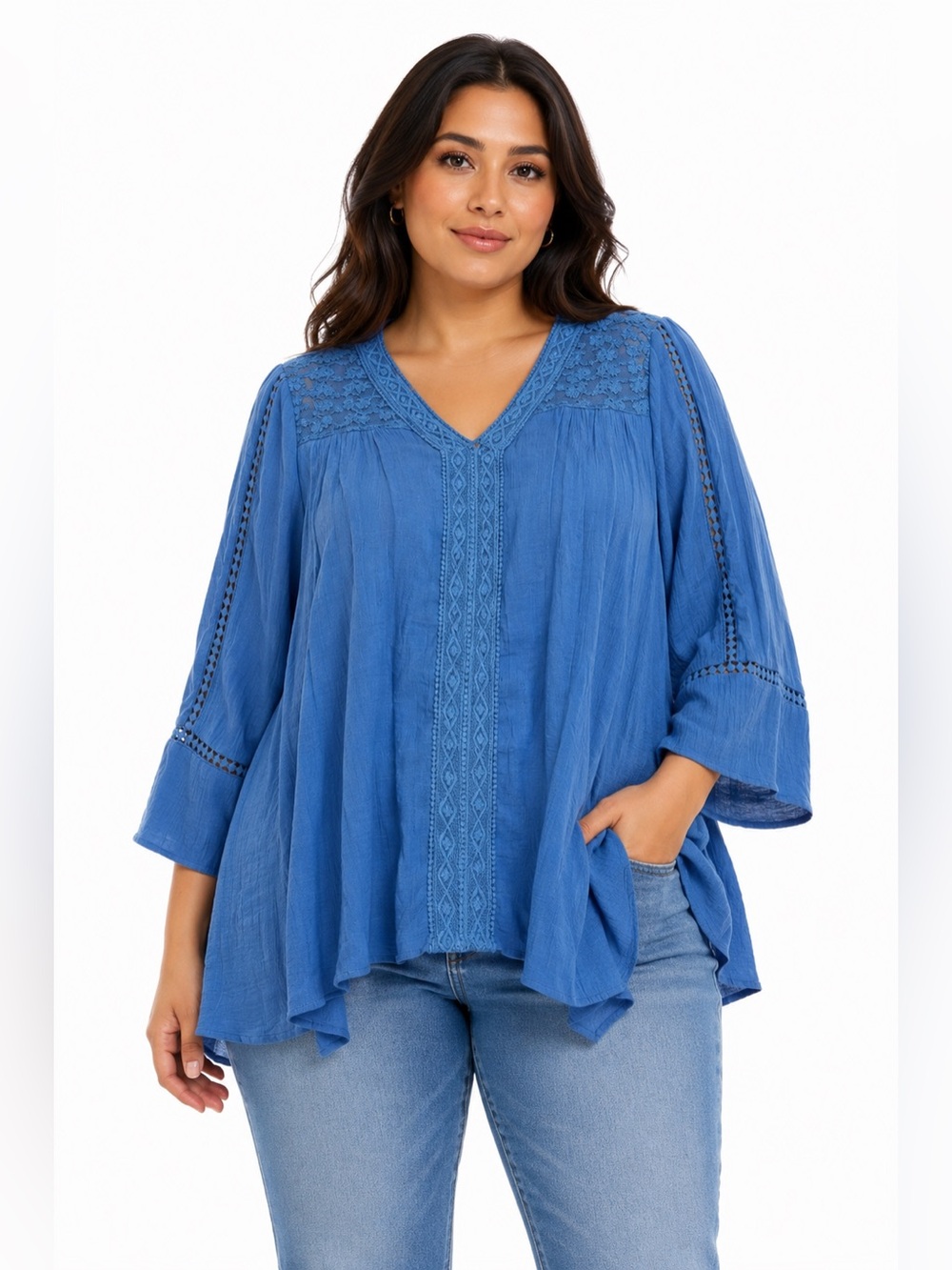 Y2K does 70s Vintage Embroidered Crochet Festival Boho Blouse (Blue) Size Large